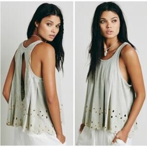 Free People Toosaloosa Green Embroidered Eyelet Keyhole Back Tank Top Size M